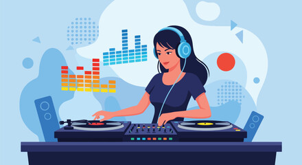 Flat vector DJ mixing tracks on turntables with equalizer bars and headphones. Ideal for party posters, EDM promotions, club event graphics, and music festival materials