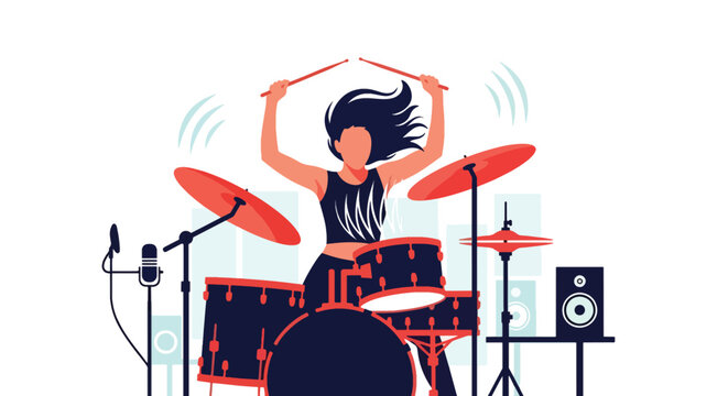 Flat vector drummer performing on drum kit with dynamic sound waves. Ideal for music schools, rock event posters, practice materials, and creative studio visuals