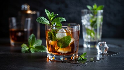 Naklejka premium Sophisticated close-up of a bourbon smash cocktail with mint and ice