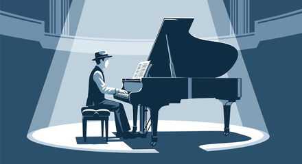 Flat vector pianist performing on grand piano with sheet music stand. Ideal for piano lessons, classical concert promotions, music schools, and elegant creative designs