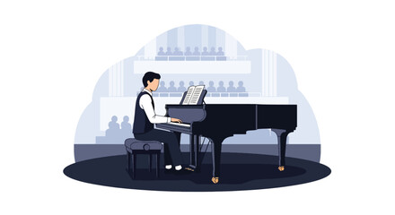 Flat vector pianist performing on grand piano with sheet music stand. Ideal for piano lessons, classical concert promotions, music schools, and elegant creative designs