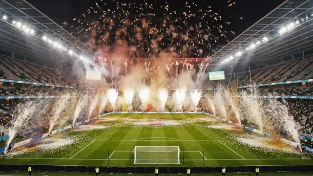 A spectacular display of fireworks and pyrotechnics erupts over a massive stadium at night. Confetti rains down on the pristine soccer pitch, creating an epic scene of celebration, victory, and triump