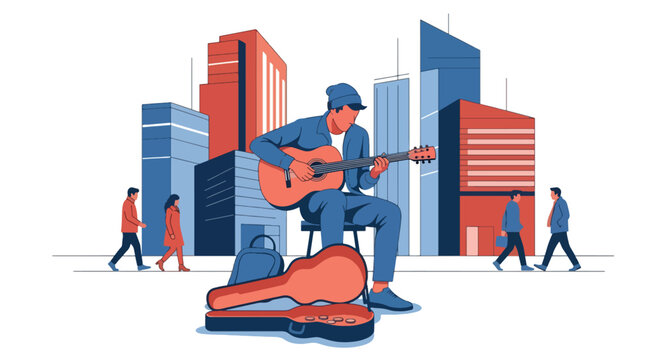 Flat vector street musician performing guitar with open case and urban backdrop. Ideal for culture blogs, street art promotions, travel designs, and music-related content