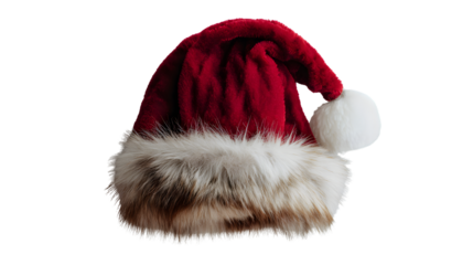 Full-length red Santa hat with luxurious faux fur trim on internal stand, soft velvety fabric with plush trim and pom-pom, elegant cozy winter festive accessory on transparent background