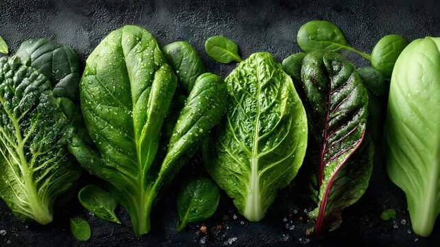 Fresh Green Leafy Vegetables: Kale, Spinach, Romaine Lettuce, and Chard on Dark Background with Water Droplets, Healthy Eating Concept