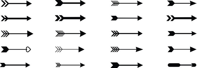 Collection of decorative arrow icons in various styles, minimalist direction symbols, black silhouette arrows for design elements, flat vector illustration