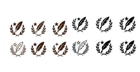 Laurel wreath and feather logos with star variations in black and brown