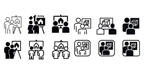 Icon set of people discussing architectural designs on easels