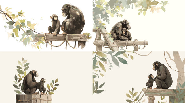 Delicate watercolor illustration of a chimpanzee and its baby surrounded by soft botanical elements. Warm natural colors highlight tenderness, parenting, and peaceful wildlife behavior.