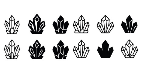 Geometric crystal icon set in black and white line art