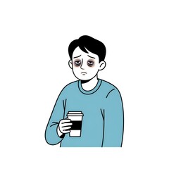 Tired Man with Dark Circles Under Eyes Holding Coffee Cup.