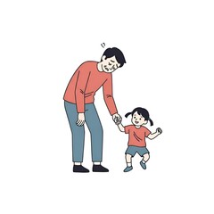 Tired father holding his daughters hand as she learns to walk, illustrating the challenges of parenting and early childhood development.