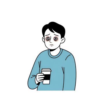 Tired Man with Dark Circles Under Eyes Holding Coffee Cup.