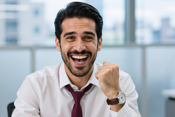 Young man in white shirt and red tie, sitting in modern office, celebrating success, possibly a businessman or entrepreneur.