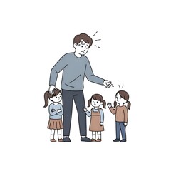 Stressed father disciplining his three young daughters with a serious talk.