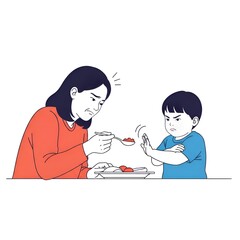 Mother struggling to feed her picky child who refuses to eat food.