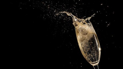 Dynamic shot of golden champagne splashing out of a flute glass, isolated on a clean black background. Concept of celebration and New Year's Eve.