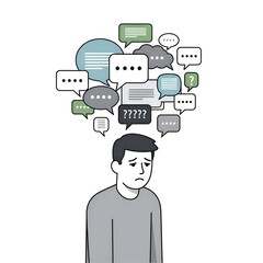 Overwhelmed Person with Numerous Speech Bubbles Representing Information Overload and Mental Stress.