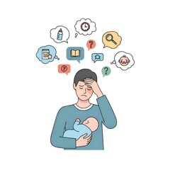 Stressed New Father Holding Baby with Overwhelmed Thoughts.