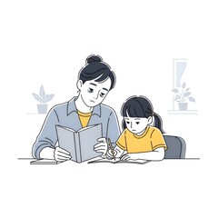 Mother and daughter studying together at home, focused on homework and learning.