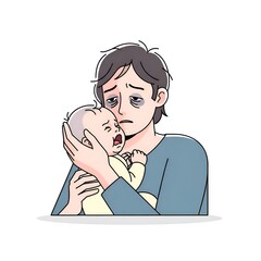 Tired father holding crying baby, depicting parental exhaustion and stress.