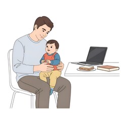 Father and baby bonding at home with laptop and books.