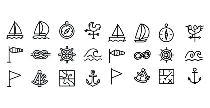 Nautical icon set: boats, anchors, compasses, waves, flags, knots