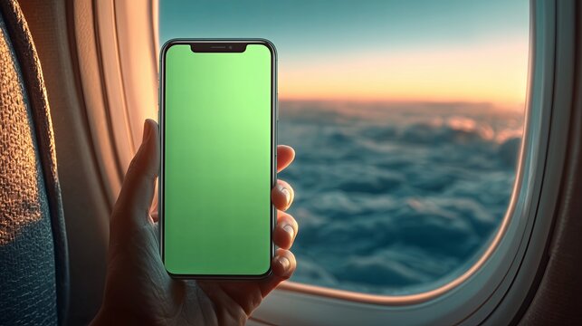 Smartphone mock up with green screen held by hand near airplane window, showcasing clouds and sunset in the background, ideal for travel and technology themes