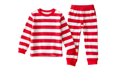 Full-length red and white striped Christmas pajama set displayed flat, plush soft cotton with long sleeves and ribbed cuffs, oversized cozy holiday sleepwear, top-down still-life on transparent backgr