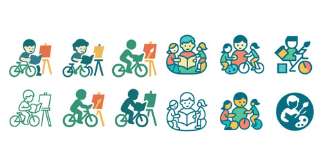 Obraz premium Colorful icons of children engaged in art, reading, and bicycling activities