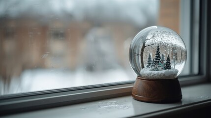 A glass snow globe with a wooden base standing on a white windowsill. Inside the globe is a miniature castle. Outside the window, there is a blurred winter landscape with snow, creating a cozy and nos