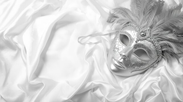 Elegant silver masquerade mask with feathers and ornate detail resting on soft white silk or satin fabric. Luxury event and party background.