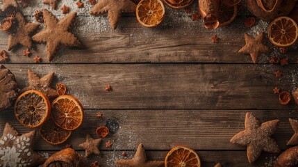 Top view frame of gingerbread star cookies and dried orange slices dusted with sugar on dark rustic wood. Traditional Christmas background with copy space.