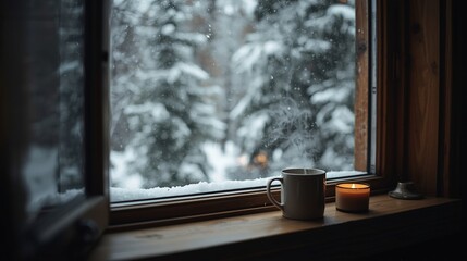 Close-up of a steaming mug of hot chocolate or cocoa topped with white marshmallows and dusted with cocoa powder on a dark rustic table.