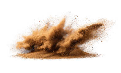 A dramatic burst of brown and beige dust, like a powerful explosion or a kick-up of earth