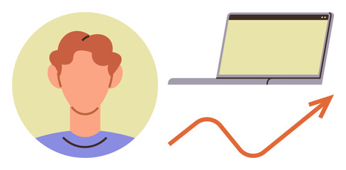 Person avatar beside laptop computer and an arrow in upward trajectory symbolizing progress. Ideal for technology, career advancement, growth, analytics, work, learning, success. Simple flat metaphor