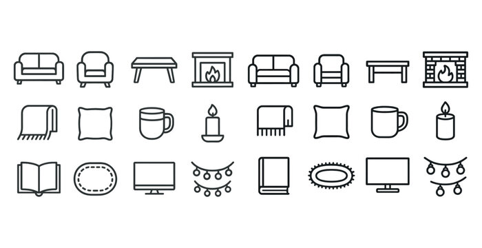 Cozy home essentials line icons: sofa, fireplace, mug, candle, tv