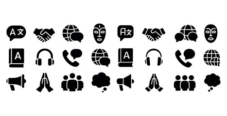 Communication icons: global, translation, networking, communication tools
