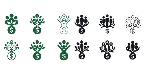 Set of money tree icons with people and dollar signs in various styles