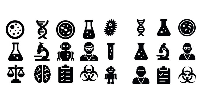 Scientific icons: laboratory equipment and professionals in black silhouette