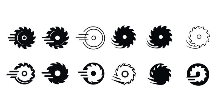 Set of twelve circular saw blade icons with dynamic motion effects