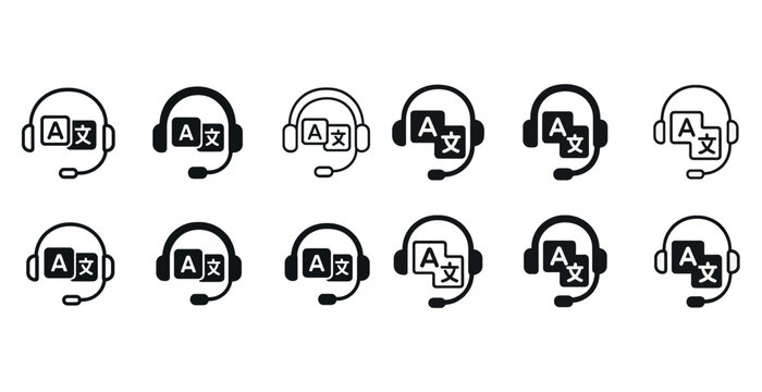 Set of headset icons with language symbol for translators and interpreters