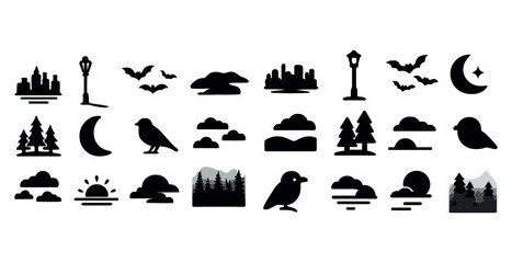 Obraz premium Silhouette icons: cityscape, nature elements, and wildlife