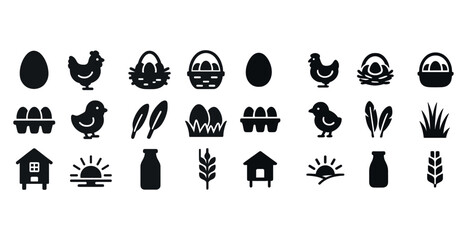Obraz premium Farm icon set: eggs, chickens, baskets, barns, sunrises, milk, wheat, grass