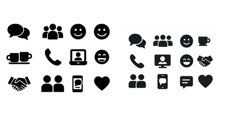 Black and white communication icons: people, devices, and emotions