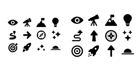 Collection of space, navigation, and exploration icons in black and white