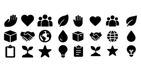 Naklejka premium Collection of black icons: nature, community, and innovation symbols