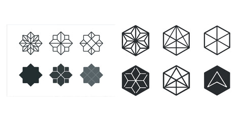 Set of geometric hexagon and star icons in various styles and patterns