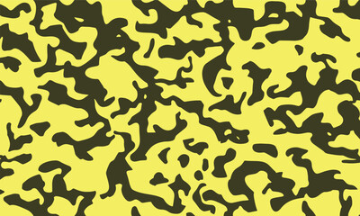 Yellow camouflage pattern with organic, irregular dark shapes creating a bold, high-contrast military-style background. Modern, abstract and seamless design suitable for wallpapers, graphic projects.