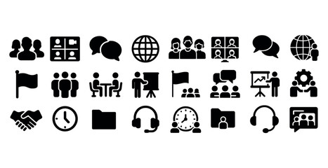 Business communication icons: meeting, collaboration, global networking, presentation, support